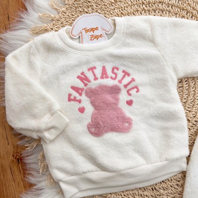 Conj. Casaco Fantastic Bear e Calça de Pelinho - Off White e Rosa